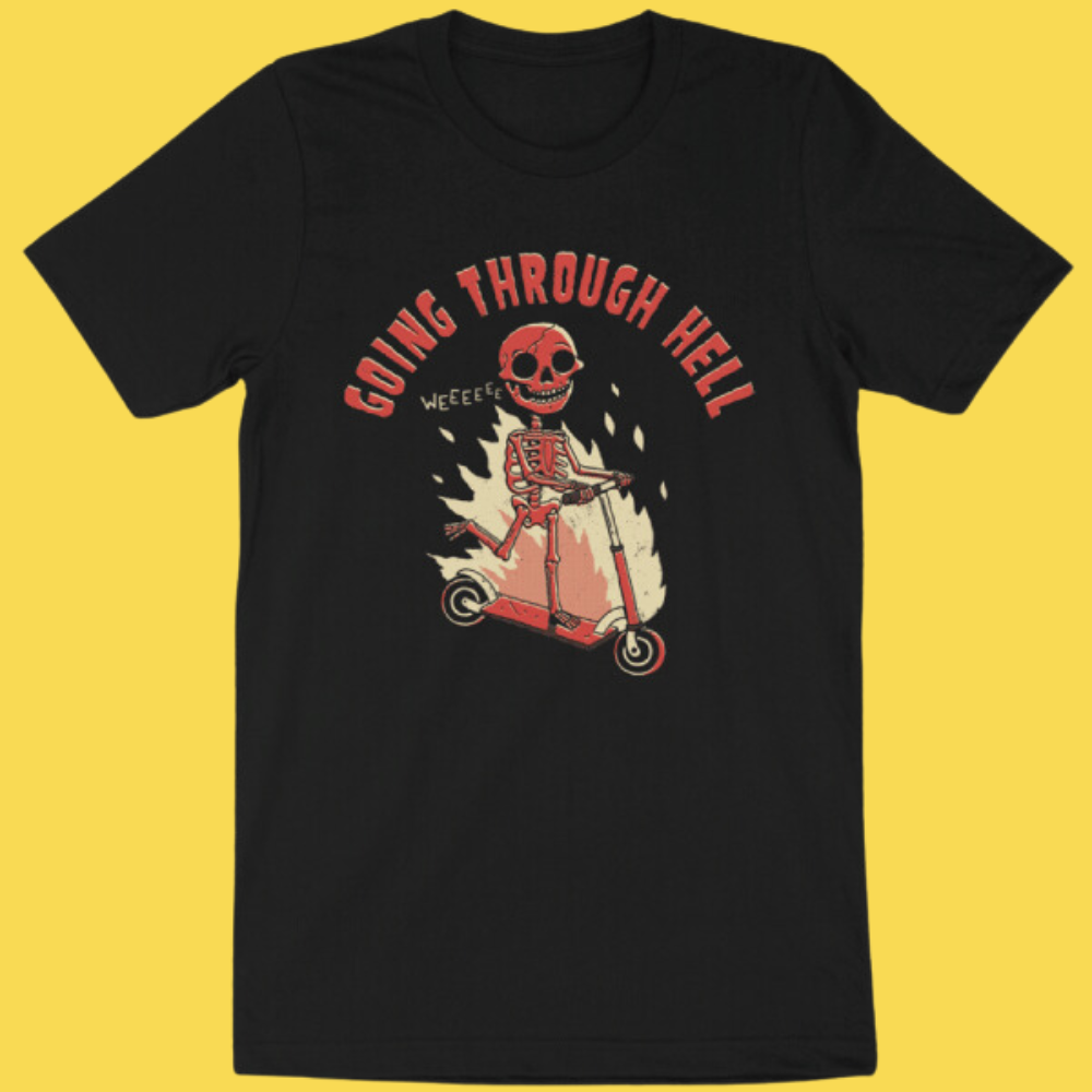 Black t-shirt with a skeleton on a scooter graphic and 'Going Through Hell' text on a yellow background