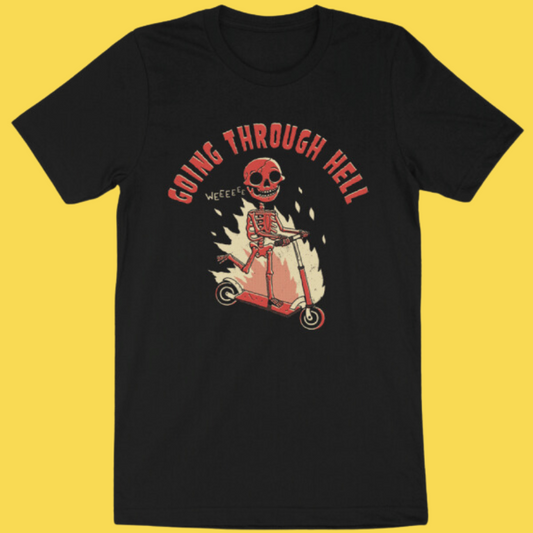 Black t-shirt with a skeleton on a scooter graphic and 'Going Through Hell' text on a yellow background