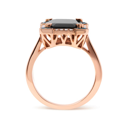 14K Rose Gold 15x10 MM Emerald-Cut Black Onyx and 1/5 Cttw Blue and White Diamond Halo Cocktail Ring (G-H Color, SI1-SI2 Clarity)- Size 7