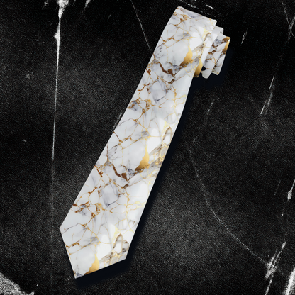 "DirkyThreadz Marble Elegance Necktie - Luxury White and Gold Design for Timeless Style"