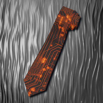 "DirkyThreadz Circuit Elegance Necktie - Bold Black and Orange Tech-Inspired Design"