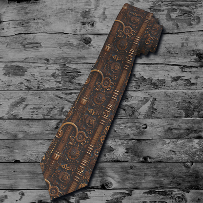 "DirkyThreadz Steampunk Gear Necktie - Vintage Industrial Design in Brown and Bronze"