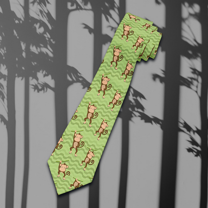 "DirkyThreadz Monkey Mayhem Necktie - Whimsical Green Design with Cartoon Monkeys"