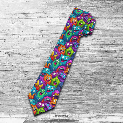 "DirkyThreadz Monster Mayhem Necktie - Vibrant Cartoon Design for Fun and Style"