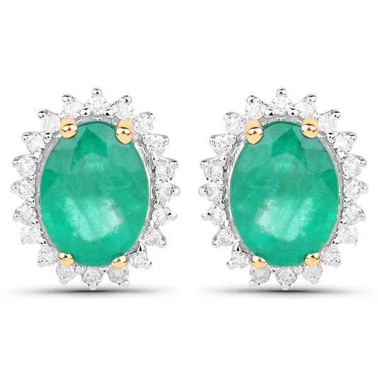 2.66 Carat Genuine Zambian Emerald and White Diamond 14K Yellow Gold Earrings