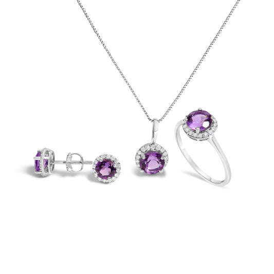 10K White Gold Purple Amethyst and 3/8 Cttw Diamond Halo Jewelry Set (Earrings, Pendant & Ring)