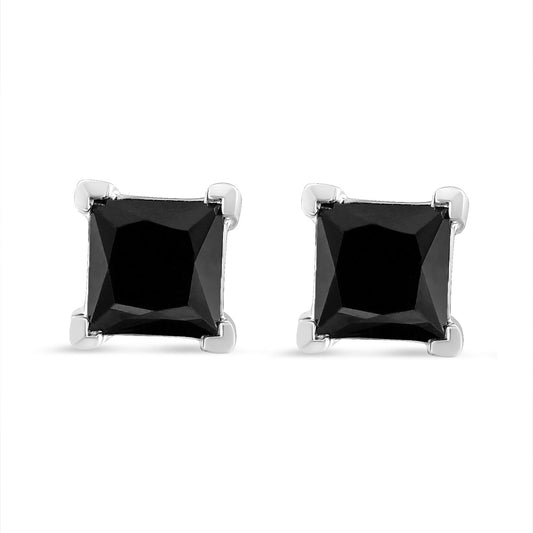 .925 Sterling Silver 4.00 Cttw Princess-Cut Square Black Diamond Classic 4-Prong Stud Earrings with Screw Backs