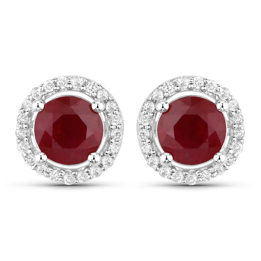 1.22 Carat Genuine Ruby and White Diamond 14K White Gold Earrings