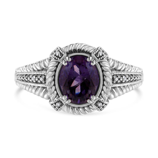 .925 Sterling Silver Prong Set Natural Oval Shape 9X7 MM Purple Amethyst Solitaire and Diamond Accent Ring (I-J Color, I1-I2 Clarity) - Ring Size 7