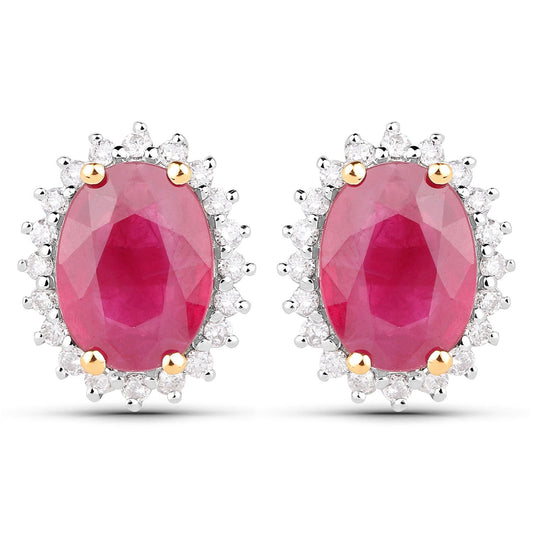3.14 Carat Genuine Ruby and White Diamond 14K Yellow Gold Earrings