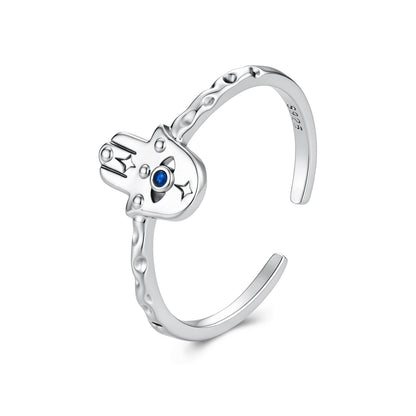 925 Sterling Silver Hamsa Hand Ring with Synthetic Spinel for Women