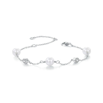 925 Sterling Silver 3mm Moissanite & Shell Pearl Bracelet for Women
