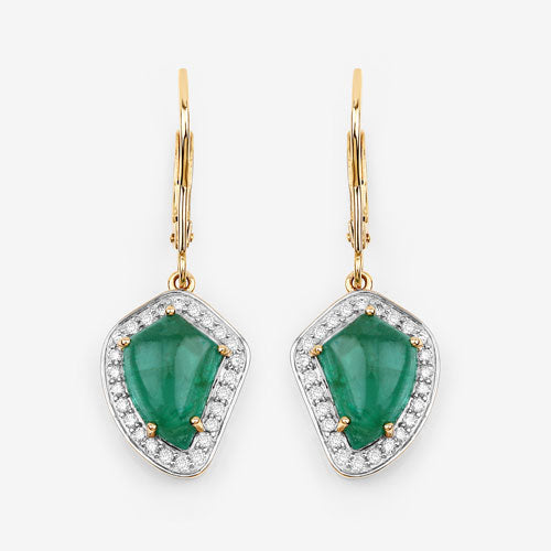 6.40 Carat Genuine Colombian Emerald and White Diamond 14K Yellow Gold Earrings