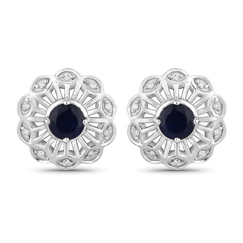 0.60 Carat Genuine Blue Sapphire and White Diamond 14K White Gold Earrings