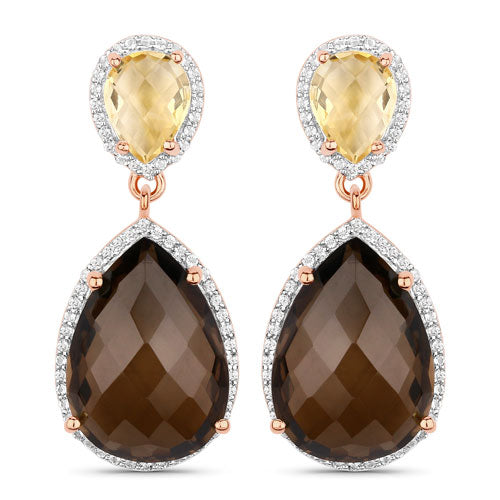 20.80 Carat Genuine Smoky Quartz and Citrine 925 Sterling Silver Earrings