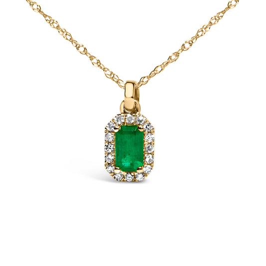 10K Yellow Gold 5x3mm Green Emerald and Diamond Accent Halo Octagonal Shape 18" Pendant Necklace (I-J Color, I1-I2 Clarity)