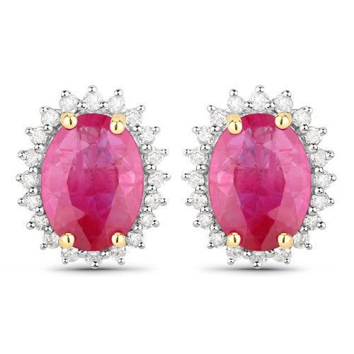 3.14 Carat Genuine Ruby and White Diamond 14K Yellow Gold Earrings