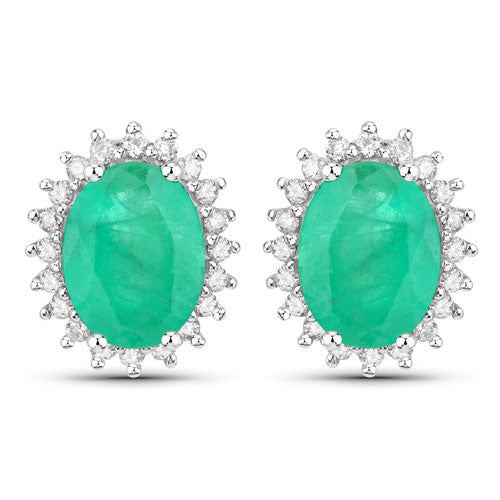 2.66 Carat Genuine Zambian Emerald and White Diamond 10K White Gold Earrings