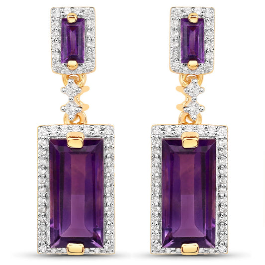 18K Yellow Gold Plated 6.01 Carat Genuine Emerald and White Topaz .925 Sterling Silver Earrings