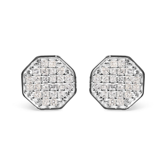 10K White Gold 7/8 Cttw Princess Diamond Composite Octagon Shaped Stud Earrings (I-J Color, I1-I2 Clarity)