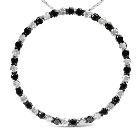 .925 Sterling Silver 3.0 Cttw Alternating Black and White Diamond Open Hoop Circle Pendant Necklace (H-I Color, I3 Clarity) - 18" Inches
