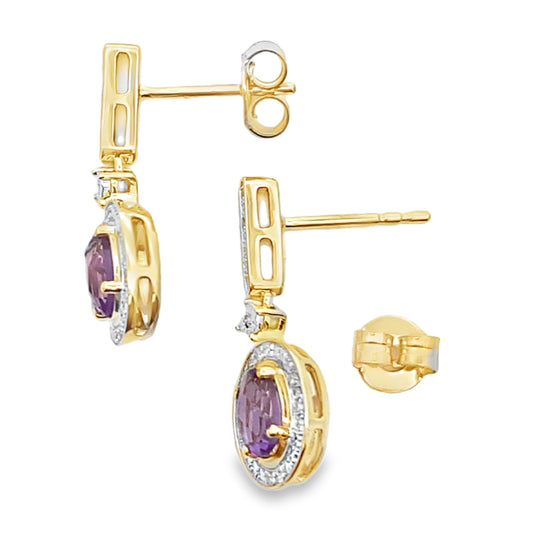 .93ct Amethyst Diamond Dangle Earrings 10KT Yellow Gold