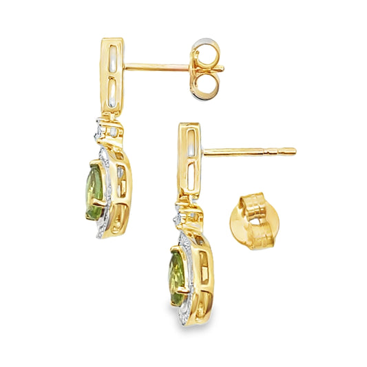 .96ct Peridot Diamond Dangle Earrings 10KT Yellow Gold