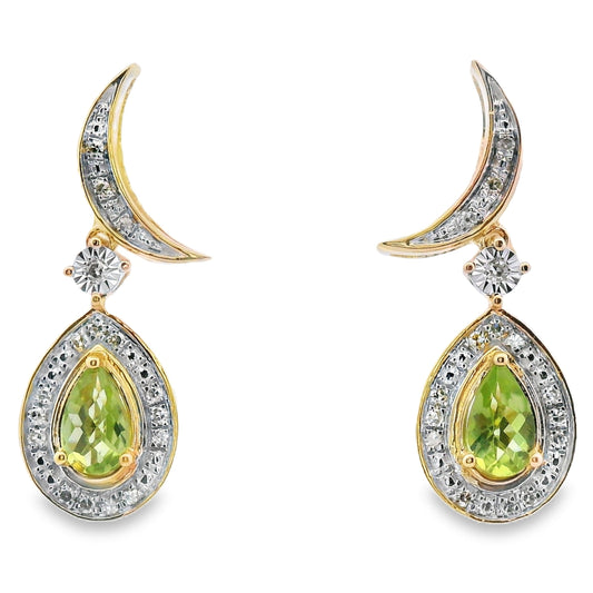 .52ct Peridot Diamond Dangle Earrings 10KT Yellow Gold