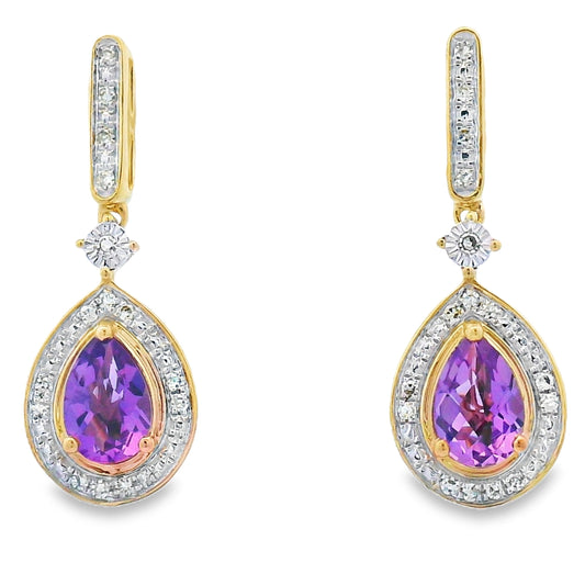 .88ct Amethyst Diamond Dangle Earrings 10KT Yellow Gold