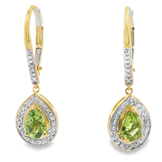 .96ct Peridot Diamond Dangle Earrings 10KT Yellow Gold