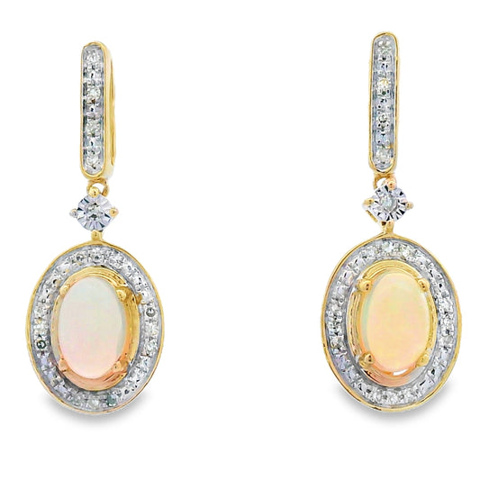 .75ct Opal Diamond Dangle Earrings 10KT Yellow Gold