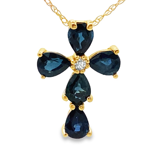 .82ct Sapphire Cross Religious Pendant 10KT Yellow Gold