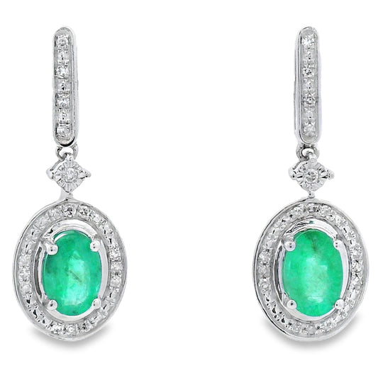 .95ct Emerald Diamond Dangle Earrings 10KT White Gold