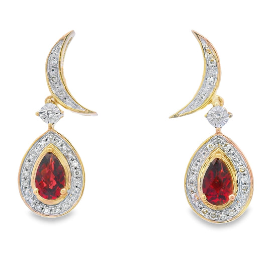 .62ct Garnet Diamond Dangle Earrings 10KT Yellow Gold