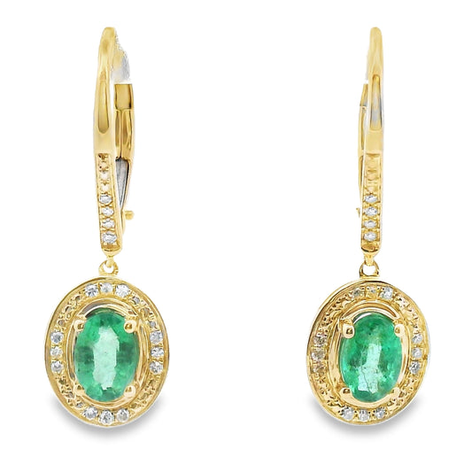 .90ct Emerald Diamond Dangle Earrings 10KT Yellow Gold
