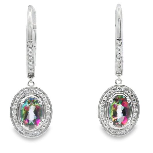 .89ct Mystic Fire Topaz Dangle Earrings 10KT White Gold