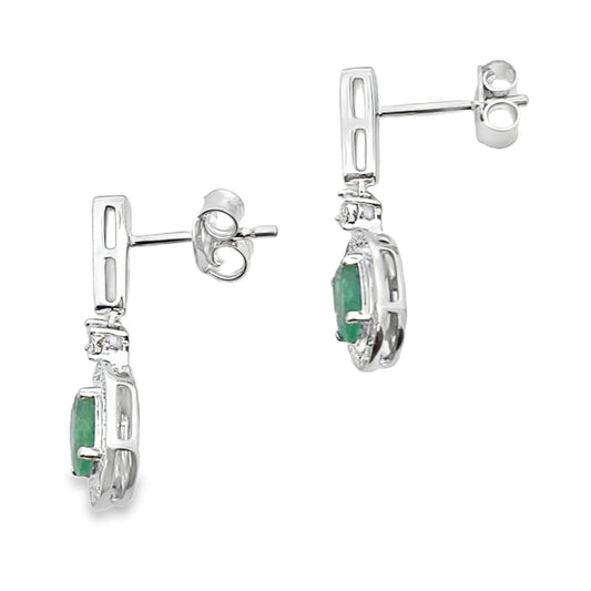 .95ct Emerald Diamond Dangle Earrings 10KT White Gold