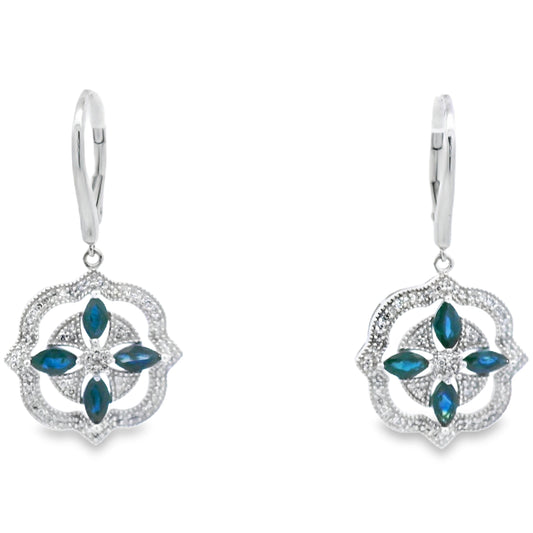2.04ct Sapphire Diamond Dangle Earrings 14KT White Gold