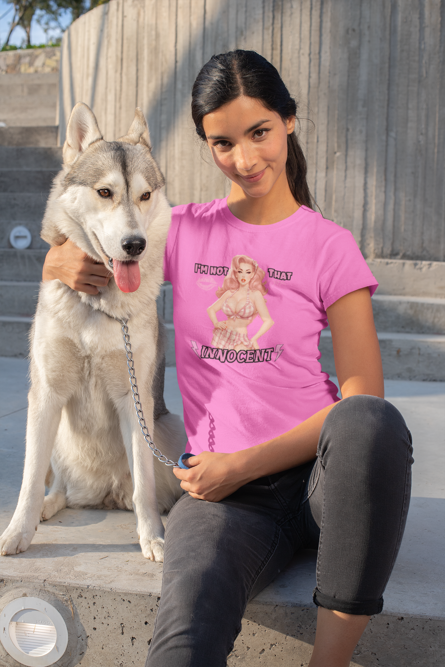 Sarcastic Vintage Pink Pinup Girl "I'm not That Innocent" on a Bella+Canva 3001 Unisex Jersey T-Shirt - A Must-Have Gift for her