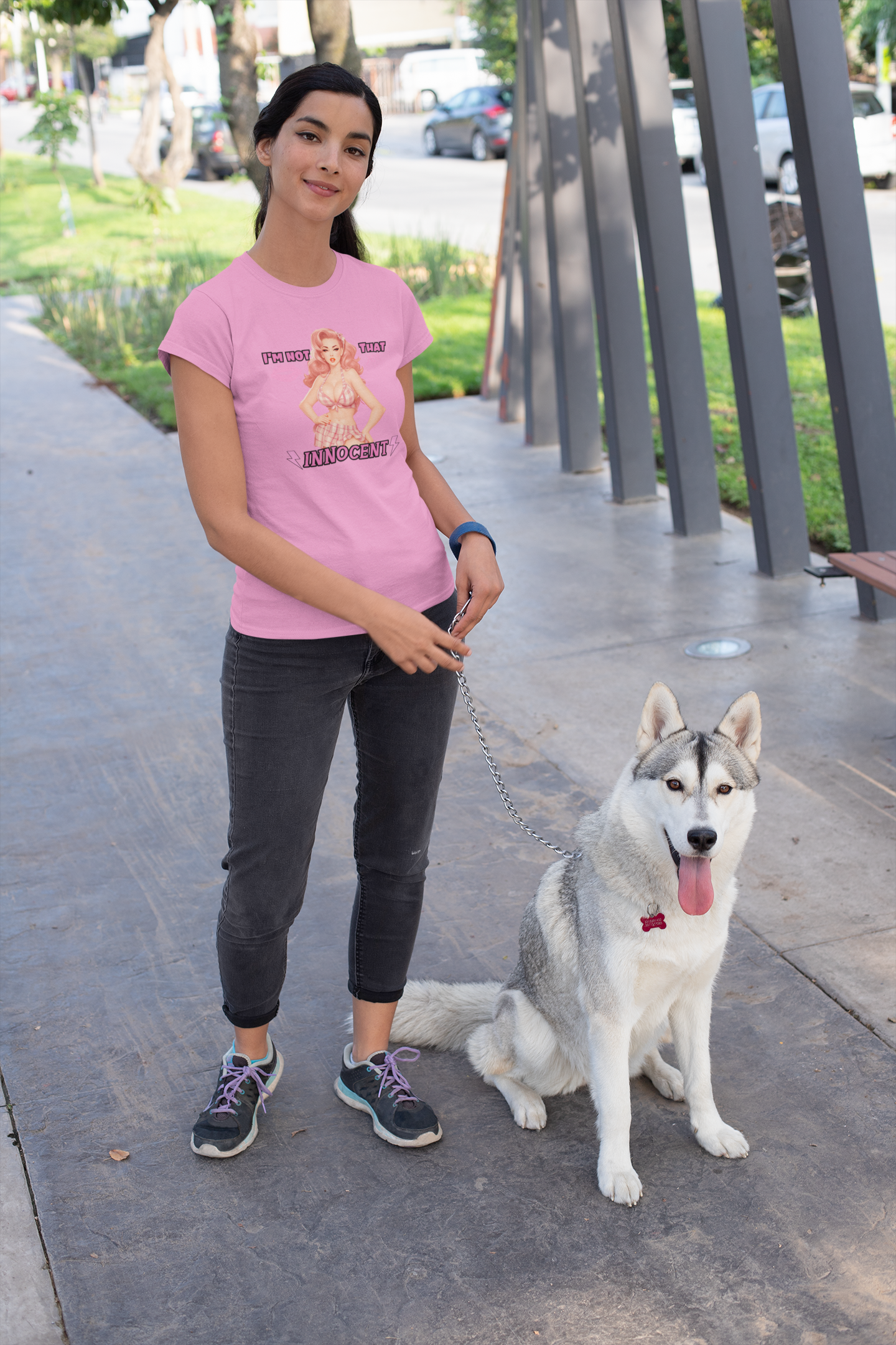 Sarcastic Vintage Pink Pinup Girl "I'm not That Innocent" on a Bella+Canva 3001 Unisex Jersey T-Shirt - A Must-Have Gift for her