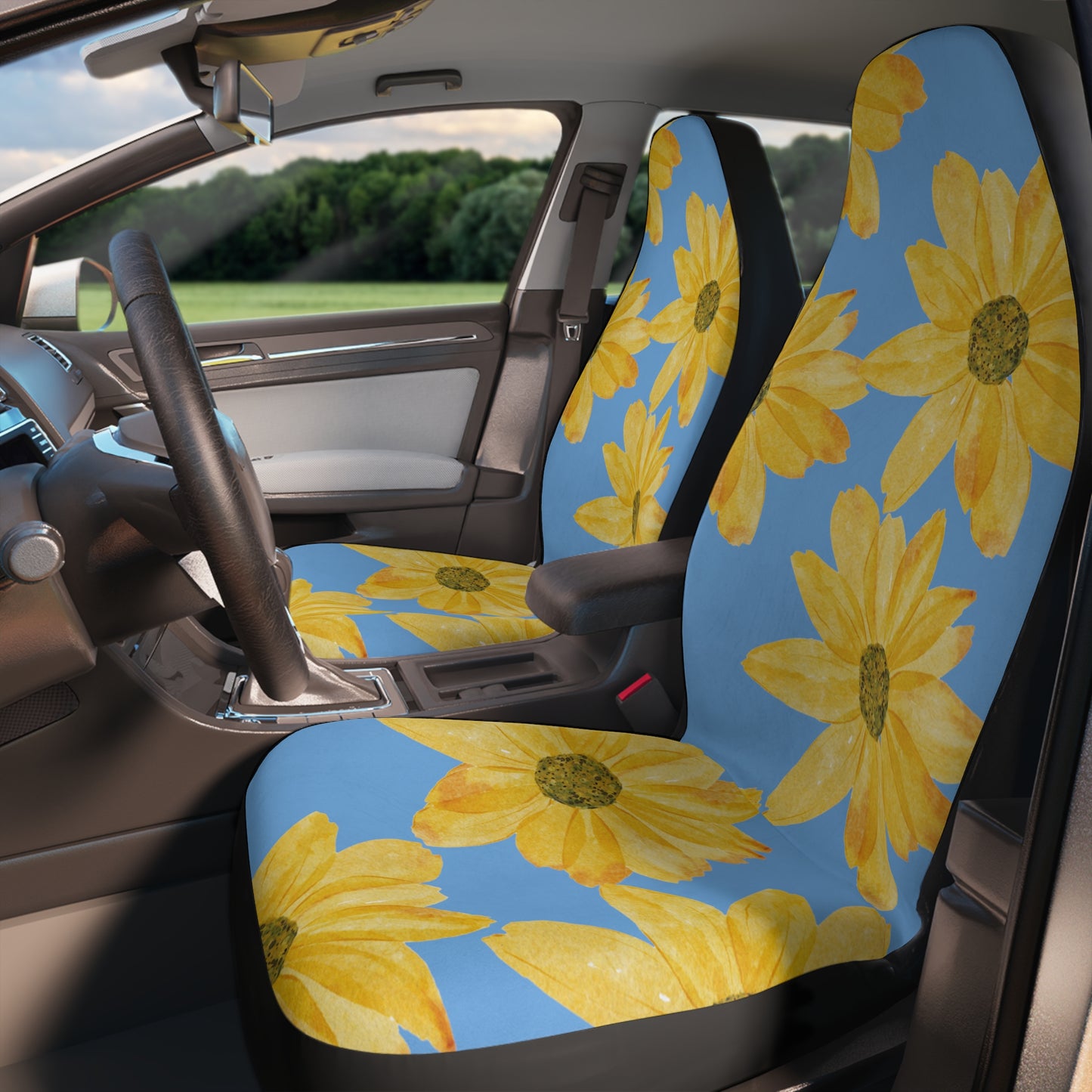 Flowers on Blue Background Polyester Car Seat Covers